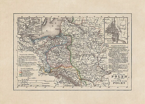 Old map of Poland, steel engraving, published in 1857