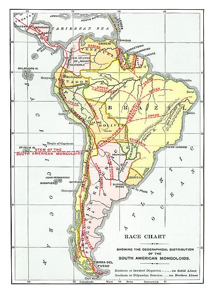 Old map of Race Chart showing the geographical distribution of the South American