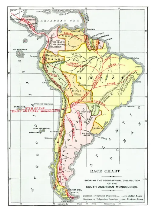 Framed Print : Old map of Race Chart showing the geographical distribution of the South American Framed Print : Old map of Race Chart showing the geographical distribution of the South American
