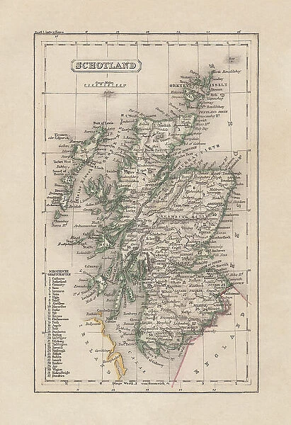 Old map of Scotland, steel engraving, published 1857
