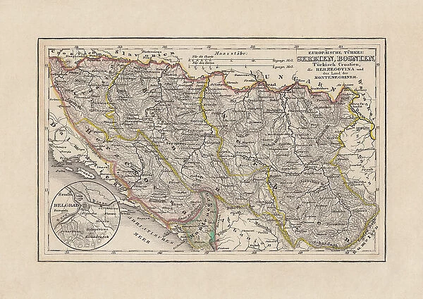 Old map of Serbia and Bosnia, steel engraving, published 1857