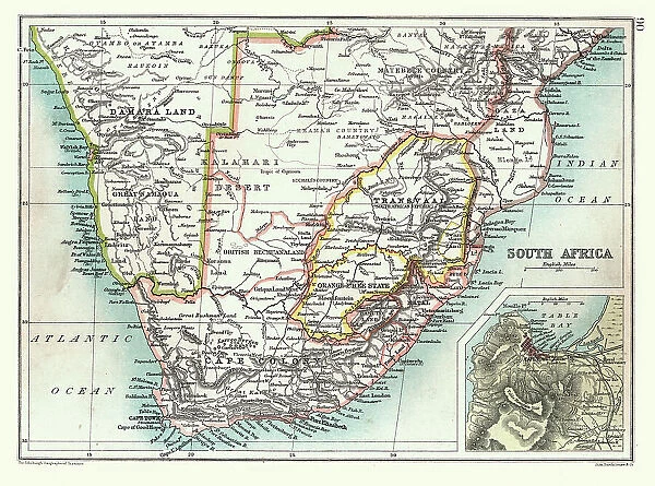 Old Map of South Africa, detail of Cape Town, Transvaal, Cape Colony, Orange Free State, 1890s, 19th Century