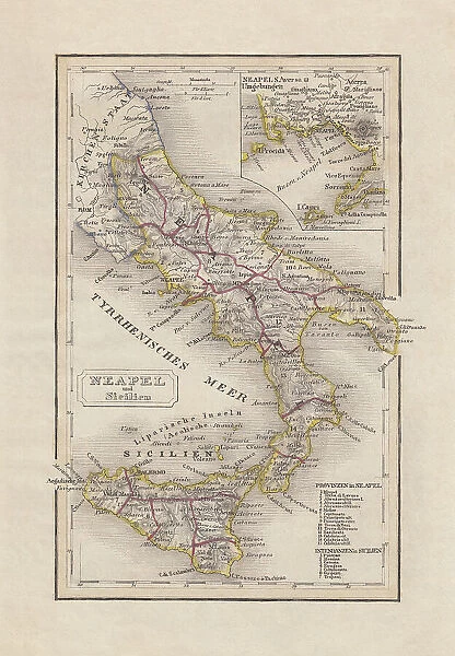 Old map of Southern Italy, steel engraving, published in 1857
