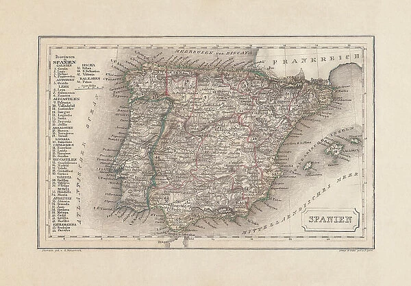 Old map of Spain and Portugal, steel engraving, published 1857