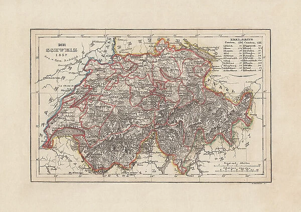 Old map of Switzerland, steel engraving, published in 1857