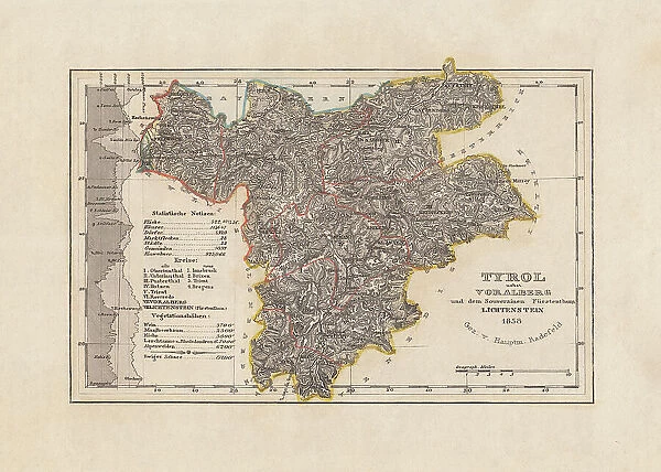 Old map of Tyrol (Austria), steel engraving, published in 1858