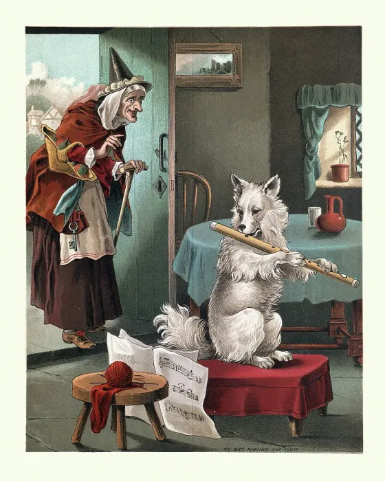 Framed Print : Old Mother Hubbard, nursery rhyme, Dog was playing the flute Framed Print : Old Mother Hubbard, nursery rhyme, Dog was playing the flute