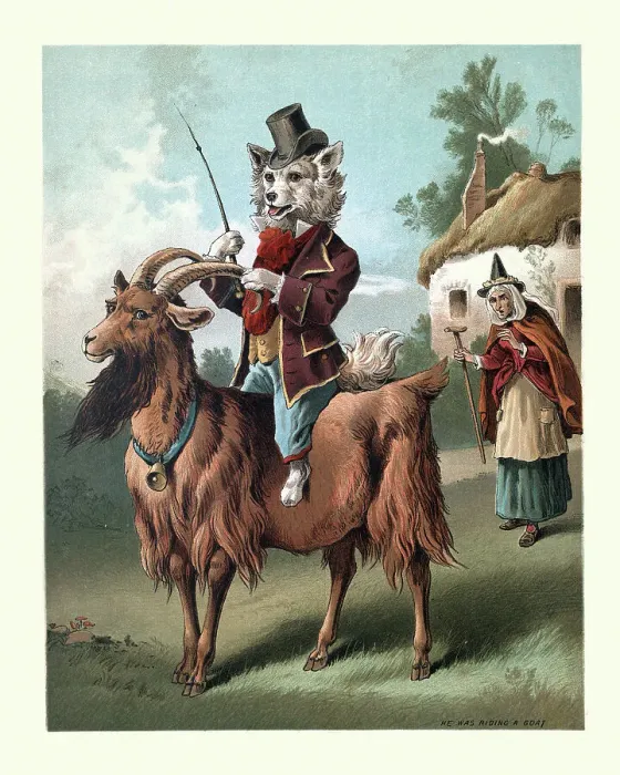 Framed Print : Old Mother Hubbard, nursery rhyme, Dog was riding a goat Framed Print : Old Mother Hubbard, nursery rhyme, Dog was riding a goat