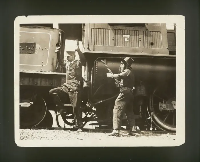 Framed Print : Old Movie Still of Train Robbery Framed Print : Old Movie Still of Train Robbery