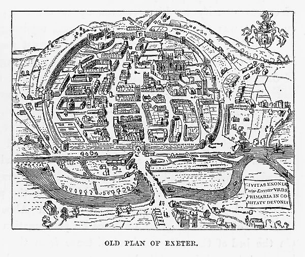 Old Plan of Exeter in Devon, England Victorian Engraving, 1840