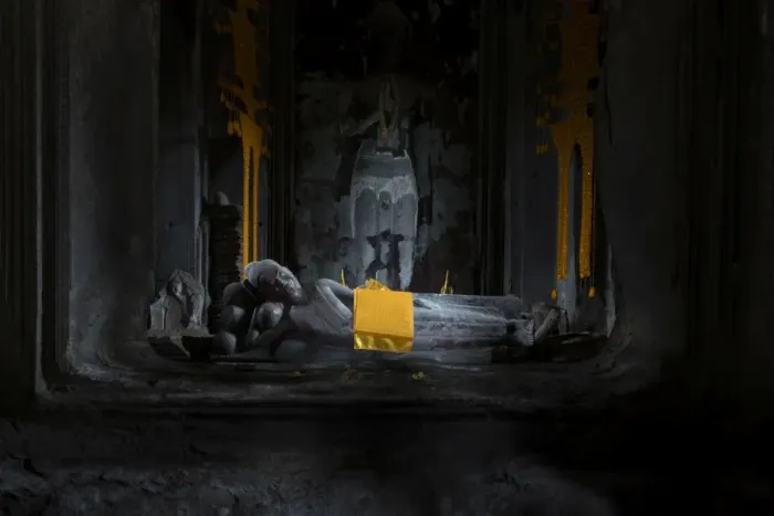 Framed Print : Old recycling buddha statue in Angkor Wat