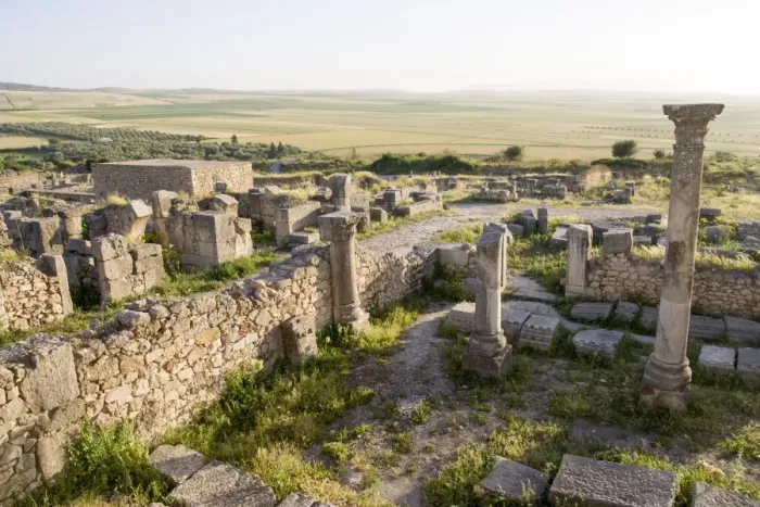 Framed Print : Old Roman ruins in Volubilis at sunset