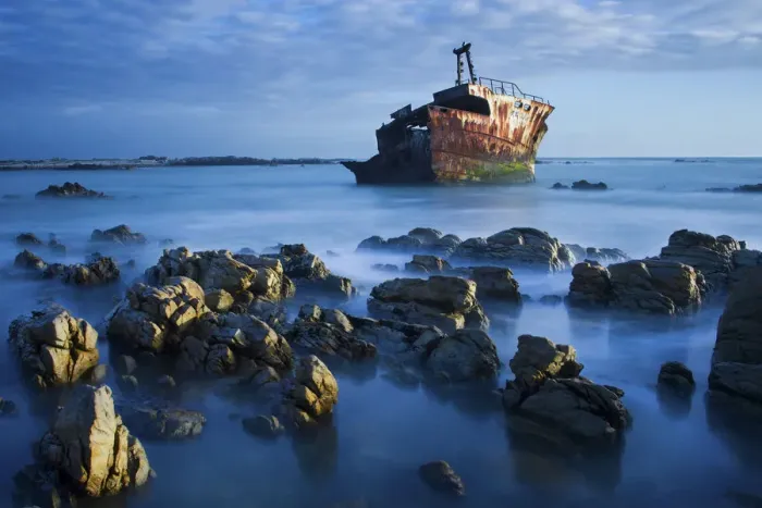 Framed Print : Old shipwreck long exposure on the rocks at sunset - Cape LAgulhas South Africa Framed Print : Old shipwreck long exposure on the rocks at sunset - Cape LAgulhas South Africa
