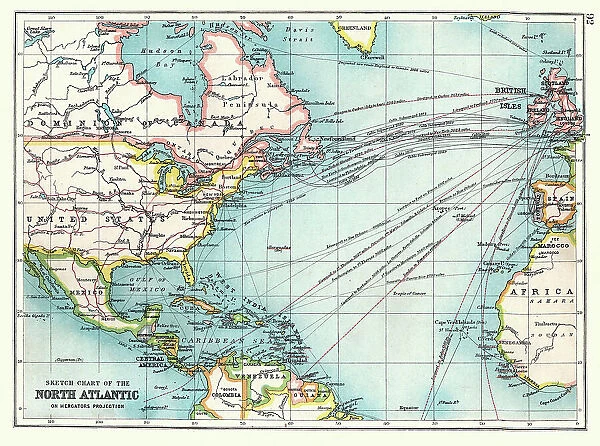 Old Sketch chart of the North Atlantic on Mercator projection, Shipping routes, Europe, North and South America, 1890s, 19th Century