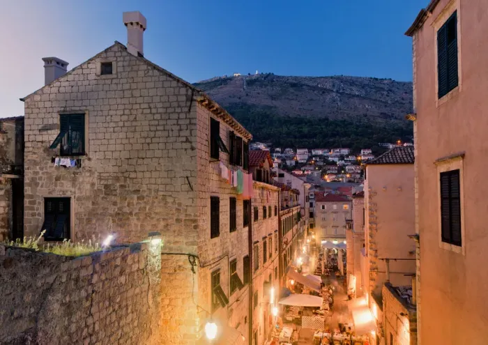 Framed Print : Old town. View of old town with street view and lights and blue sky Framed Print : Old town. View of old town with street view and lights and blue sky