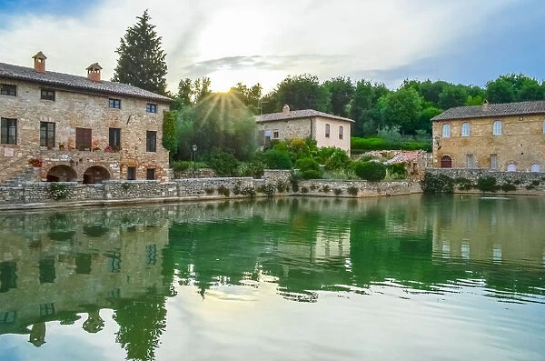 Old town of Bagno Vignoni with thermal pool in old town square, Tuscany, Italy