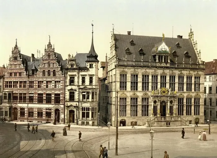 Framed Print : Old Town of Bremen, Germany, Historic, digitally restored reproduction of a photochromic print from the 1890s Framed Print : Old Town of Bremen, Germany, Historic, digitally restored reproduction of a photochromic print from the 1890s