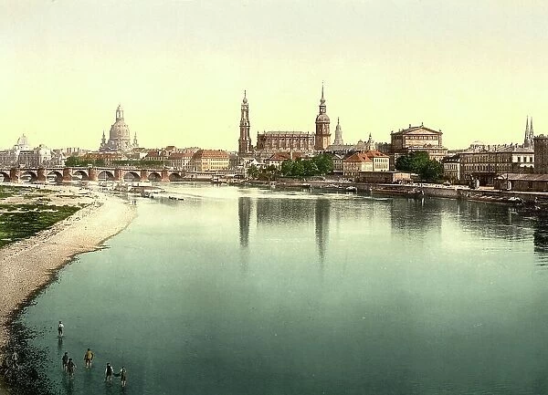 The old town of Dresden seen from the Marienbruecke, Saxony, Germany, Historic, Photochrome print from the 1890s