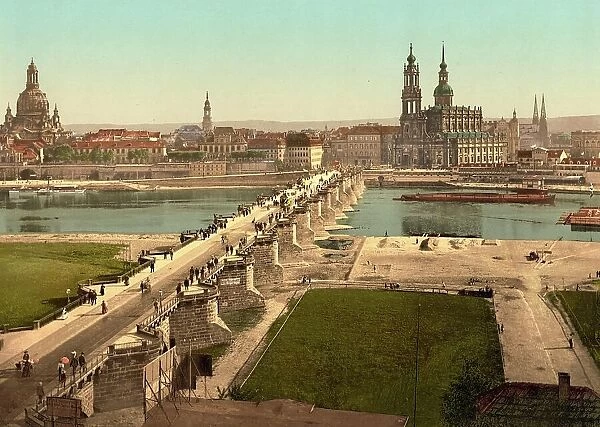 The Old Town of Dresen and the Elbe Bridge, Saxony, Germany, Historical, Photochrome print from the 1890s