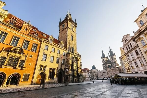Old Town Hall Tower with Astronomical clock, Old Town Square and Tyn Church early in the morning with no people, Prague, Czech Republic