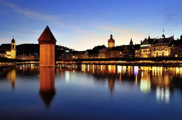 Framed Print : Old town of Lucerne with Kapellbrucke bridge, Wasserturm tower and the Reuss river, at dusk, Lucerne, Canton of Lucerne, Switzerland Framed Print : Old town of Lucerne with Kapellbrucke bridge, Wasserturm tower and the Reuss river, at dusk, Lucerne, Canton of Lucerne, Switzerland