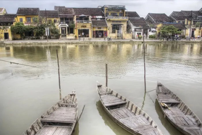 Framed Print : old town on river wooden boats