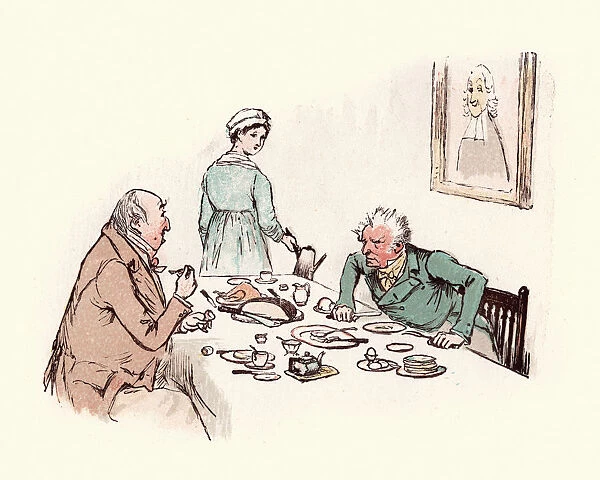 Two old victorian men arguing over the dinner table