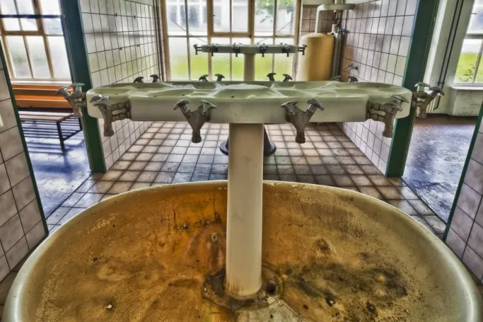 Framed Print : Old washroom in an abandoned factory before its demolition, Laupheim, Baden-Wuerttemberg, Germany, Europe