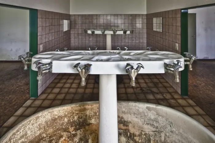 Framed Print : Old washroom in an abandoned factory before its demolition, Laupheim, Baden-Wuerttemberg, Germany, Europe