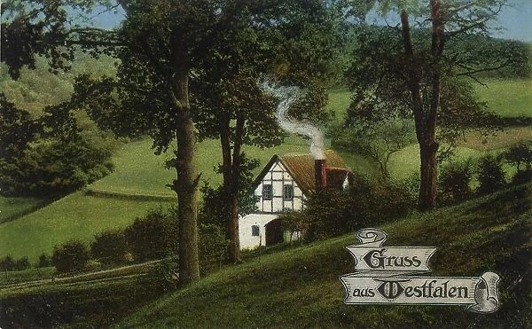 Old Westphalian farmhouse, greeting from Westphalia, Germany, postcard with text, view around ca 1910, historical, digital reproduction of a historical postcard, public domain, from that time, exact date unknown