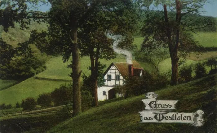 Framed Print : Old Westphalian farmhouse, greeting from Westphalia, Germany, postcard with text, view around ca 1910, historical, digital reproduction of a historical postcard, public domain, from that time, exact date unknown Framed Print : Old Westphalian farmhouse, greeting from Westphalia, Germany, postcard with text, view around ca 1910, historical, digital reproduction of a historical postcard, public domain, from that time, exact date unknown