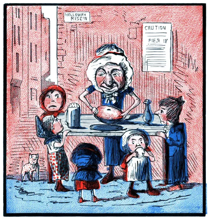 Framed Print : Old woman making pies (Victorian cartoon) Framed Print : Old woman making pies (Victorian cartoon)
