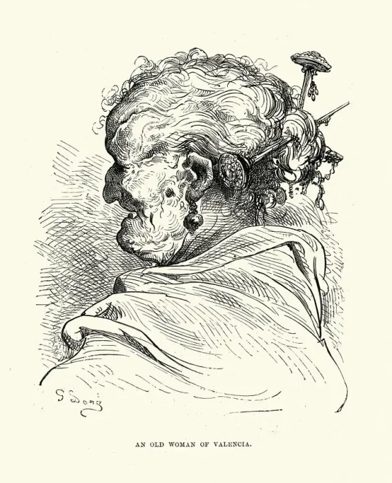 Framed Print : An old woman of Valencia, Hairpins in her hair, Spain, Spanish 19th Century, Gustave Dore Framed Print : An old woman of Valencia, Hairpins in her hair, Spain, Spanish 19th Century, Gustave Dore