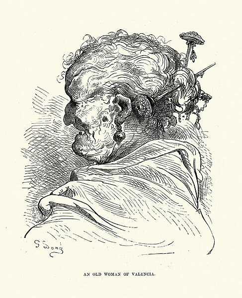 An old woman of Valencia, Hairpins in her hair, Spain, Spanish 19th Century, Gustave Dore