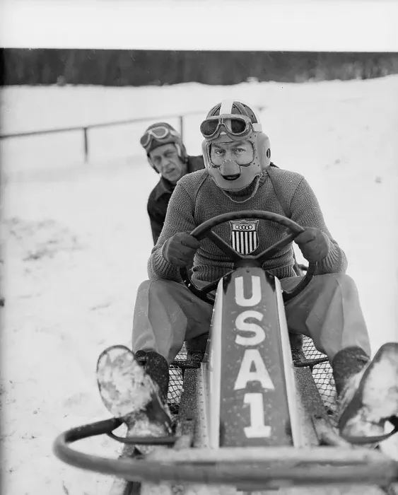 Framed Print : Olympic Bob-Sledders in Sled Framed Print : Olympic Bob-Sledders in Sled