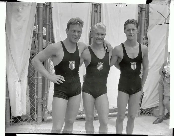 Framed Print : Olympic Divers Posing with Embracing Arms Framed Print : Olympic Divers Posing with Embracing Arms