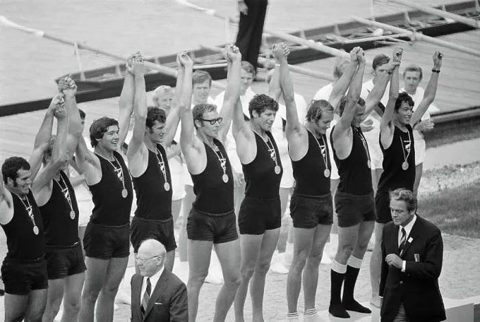 Framed Print : Olympic Rowing Team with Arms Raised Framed Print : Olympic Rowing Team with Arms Raised