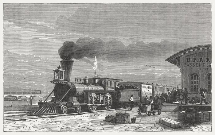 Framed Print : Omaha (Nebraska), Union Pacific Railroad, wood engraving, published in 1865