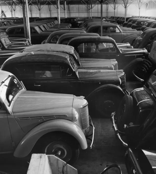 Framed Print : Opel Cars. circa 1950: Brand new Opel cars waiting for transportation after Framed Print : Opel Cars. circa 1950: Brand new Opel cars waiting for transportation after