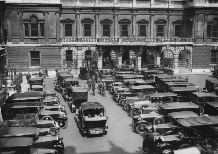 Framed Print : Open Day. 1928: A full car park at Burlington House for the Official opening Framed Print : Open Day. 1928: A full car park at Burlington House for the Official opening