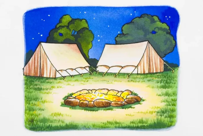 Framed Print : Open fire and two tents in background Framed Print : Open fire and two tents in background