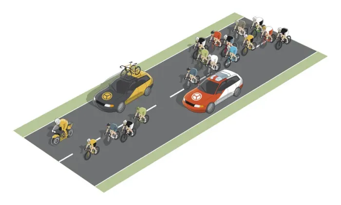 Framed Print : Open road race, including cyclists, team cars and lead motorcycle Framed Print : Open road race, including cyclists, team cars and lead motorcycle