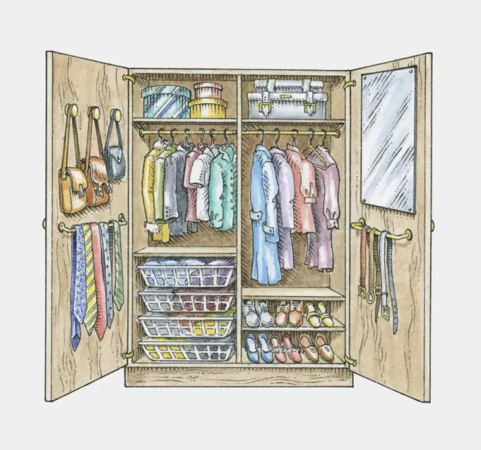Framed Print : Open wardrobe showing a mirror, clothes, shoes, suitcases, bags and boxes arranged in order Framed Print : Open wardrobe showing a mirror, clothes, shoes, suitcases, bags and boxes arranged in order