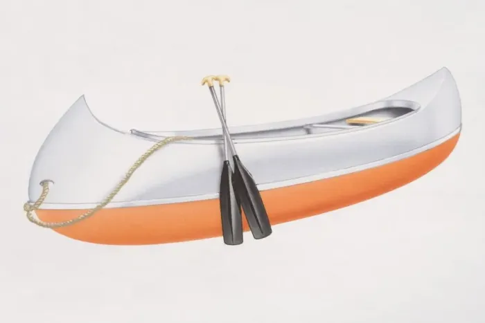 Framed Print : Orange and white Canadian canoe with two paddles leaning on the side Framed Print : Orange and white Canadian canoe with two paddles leaning on the side