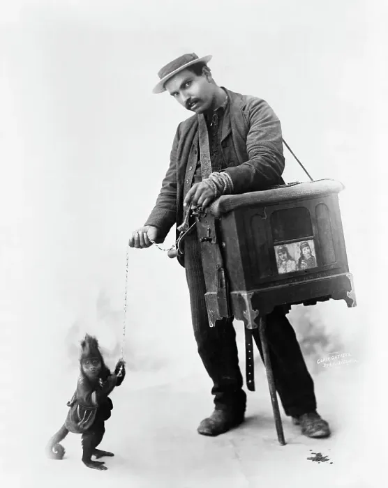 Framed Print : Organ Grinder And Monkey Collect Money Framed Print : Organ Grinder And Monkey Collect Money