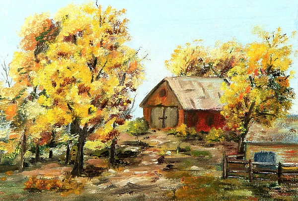 Original art painting of red barn and trees in autumn