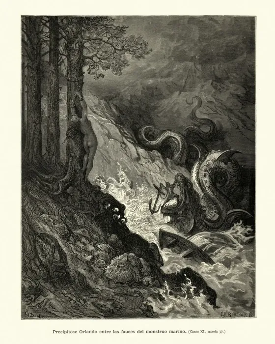 Framed Print : Orlando rushed into the jaws of the sea monster Framed Print : Orlando rushed into the jaws of the sea monster