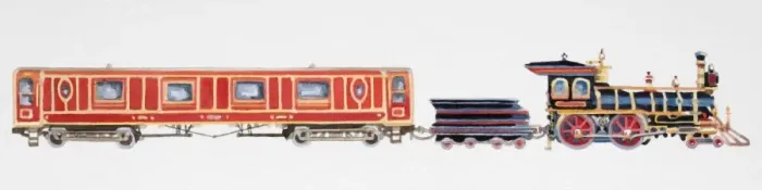Framed Print : Ornately decorated steam train with black locomotive and a long red carriage, side view Framed Print : Ornately decorated steam train with black locomotive and a long red carriage, side view