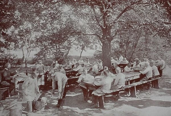 Orphans in Berlin, in the garden, eating lunch, 1886, Germany, Historical, digital reproduction of an original 19th century picture