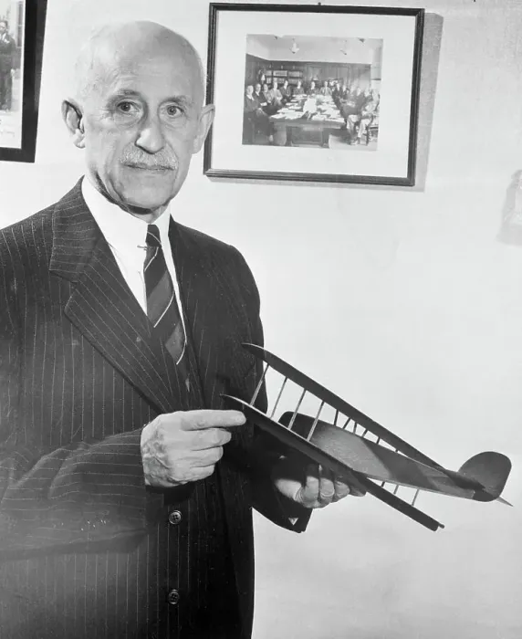 Framed Print : Orville Wright with Bomber Model Framed Print : Orville Wright with Bomber Model